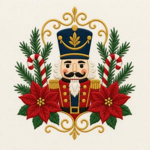 Könnte beinhalten: Ein gesticktes Motiv mit einer zentralen Nussknackerfigur in blau-roter Uniform, flankiert von grünen Tannenzweigen, rot-weißen Zuckerstangen und roten Weihnachtssternen, alles eingerahmt von dekorativen, goldenen Stickereien.