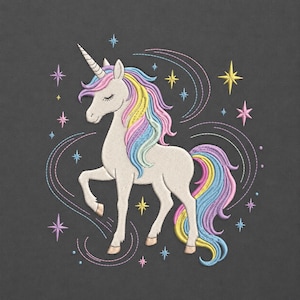 May include: An embroidery design featuring a white unicorn with a multicolored mane and tail in shades of pink, yellow, and blue. The unicorn has a spiraled horn and closed eyes, surrounded by embroidered stars and curved lines on a dark gray background.