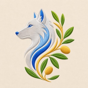 May include: An embroidered design featuring a stylized wolf head in shades of silver and blue, positioned next to a golden olive branch with green leaves and two yellow olives. The embroidery has a textured appearance with visible stitching.
