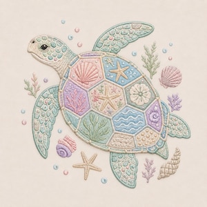 May include: A pastel-coloured embroidered sea turtle. The turtle's shell is made up of hexagonal shapes, each featuring seashell, starfish, and floral designs. Additional seashells, starfish, and seaweed elements surround the turtle, all in soft, muted tones.