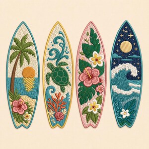 May include: Four embroidered surfboards with tropical designs. One features a palm tree and sunset, another a sea turtle, the third hibiscus flowers, and the last a moonlit ocean scene. Each board has a unique color scheme and intricate detailing.