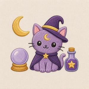 May include: An embroidered design featuring a purple cat wearing a dark purple witch hat and cape with a yellow star. The cat has a yellow crescent moon on its forehead. Beside the cat are a yellow crescent moon, a crystal ball, and a potion bottle.