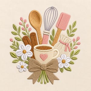 May include: An embroidery design featuring a central cream-colored mug with a pink heart, surrounded by a wooden spoon, a wire whisk, a pink spatula, cinnamon sticks, a small tied sack, white flowers, green leaves, and a large tan bow.