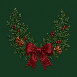 May include: An embroidered design featuring two symmetrical green cedar branches arranged in a crescent shape, accented with small red berries, two brown pinecones, and a large, textured dark red ribbon bow centered at the bottom.