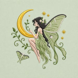 May include: An embroidery design featuring a fairy with dark hair, white flowers, and light green wings. The fairy sits near a golden crescent moon, surrounded by green vines, small yellow stars, and a small moth on a light green background.