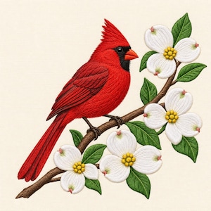 May include: An embroidered design featuring a vibrant red cardinal bird with a black face mask perched on a brown branch. The branch is adorned with four white dogwood flowers with yellow centers and green leaves against a cream background.