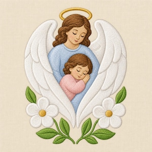 May include: An embroidered design featuring an angel with brown hair, a gold halo, and large white wings, holding a small child in a pink shirt. The angel wears a light blue garment. Two white flowers with yellow centres and green leaves are below.