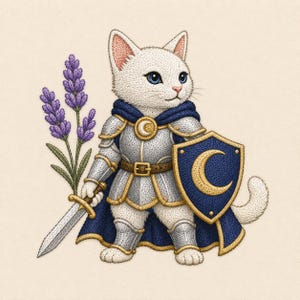 Knight Cat Embroidery Design Lavender Moon Shield Fantasy Warrior Sweatshirt Shirt Pattern Gift