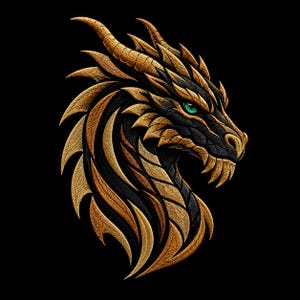 May include: An embroidered patch featuring the profile of a dragon head. The design uses metallic gold and black thread to create intricate scales and sharp horns, with a single bright green eye standing out against the dark color palette.
