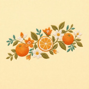 May include: An embroidery design featuring two whole oranges, one sliced orange, and several white and orange blossoms with green leaves. The composition is arranged horizontally against a solid pale yellow background with detailed stitching.