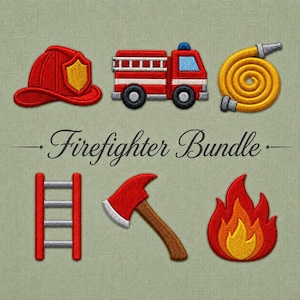 Könnte beinhalten: Ein gesticktes Firefighter Bundle-Design mit einem roten Helm, einem roten Feuerwehrauto, einem gelben aufgerollten Schlauch, einer rot-silbernen Leiter, einer roten Axt mit braunem Stiel und einem rot-gelben Flammensymbol auf hellgrünem Hintergrund.