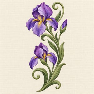 Puede incluir: Un diseño de bordado que presenta dos flores de iris moradas con centros amarillos, tallos y hojas verdes. La ilustración incluye un capullo cerrado y detalles de enredaderas en espiral, todo representado con texturas de puntadas detalladas.