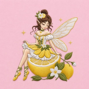 May include: Embroidered image of a fairy with brown hair, wearing a yellow and white dress, sitting on a lemon. The fairy has white wings and is adorned with lemon blossoms. The background is a soft pink.