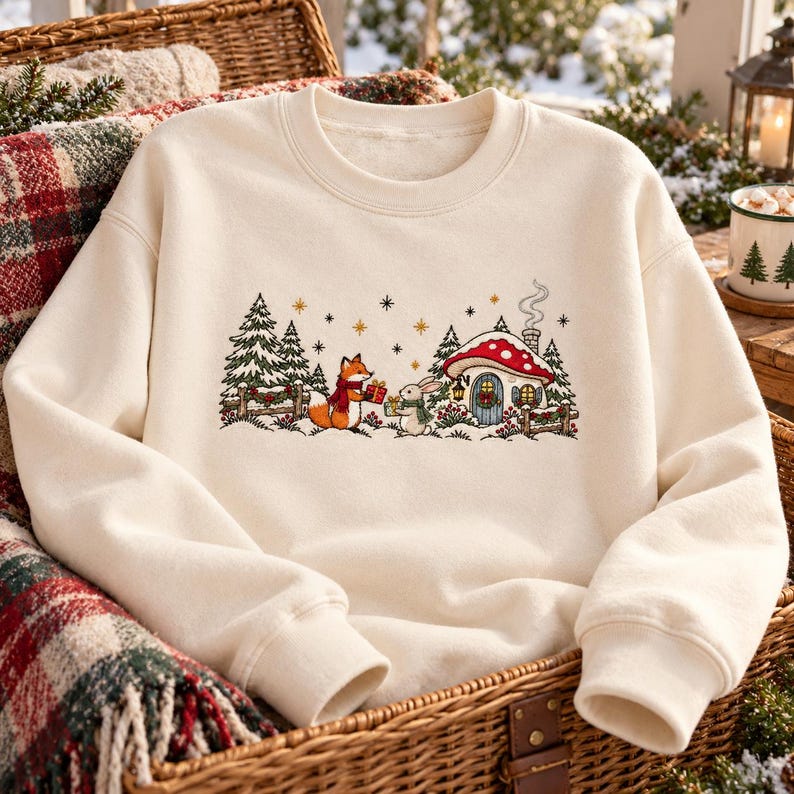 Christmas Fox and Rabbit Machine Embroidery Design With Mushroom ...