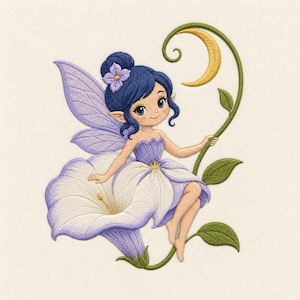 Moonflower Fairy Embroidery Design Celestial Blossom Whimsical Pixie Enchanted Garden Night Fantasy Pattern