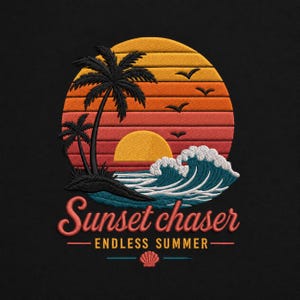 May include: An embroidered patch on a black background featuring a sunset with horizontal stripes in yellow, orange, and red. It depicts two black palm trees, ocean waves, and birds. The text reads Sunset chaser ENDLESS SUMMER with a small shell.