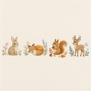 Padrão de bordado Amigos da Floresta: Coelho, Raposa, Esquilo, Veado, Flores, Berçário