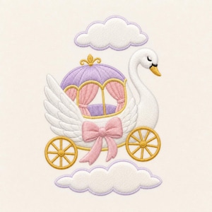 May include: An embroidery design featuring a white swan shaped carriage with a purple dome roof, pink curtains, and gold wheels. A large pink bow is attached to the front. The carriage is positioned between two light purple outlined clouds.