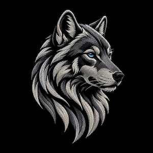 May include: A stylized graphic illustration of a wolf head in profile, featuring intricate black, white, and gray fur textures with sharp, flowing lines. The wolf has a piercing, bright blue eye and a black nose, set against a solid black background.