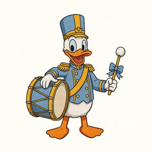 May include: A cartoon duck dressed in a blue and gold marching band uniform with a tall hat, gold epaulets, and buttons. The duck holds a large blue and gold drum under one arm and a baton with a light blue bow in the other hand, smiling.