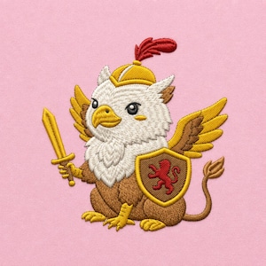 May include: Embroidered design of a cartoon griffin with a yellow sword and shield. The griffin has a white head, brown body, and yellow wings. It wears a yellow helmet with a red feather on a pink background.