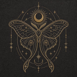 May include: Gold-colored illustration of a moth with celestial elements on a black background. The moth has detailed wings with crescent moons and stars. A sun and moon are at the top, with stars and lines creating a mystical design. The artwork has a textured appearance.