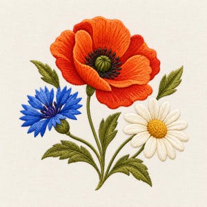 May include: An embroidery design featuring a large orange poppy with a dark center, a bright blue cornflower, and a white daisy with a yellow center. The flowers are connected by green stems and leaves, all stitched onto a light cream fabric.