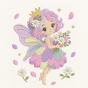 May include: An embroidery design featuring a fairy with wavy pink hair, a gold crown, and pastel-coloured wings. The fairy wears a petal-shaped skirt and holds a bouquet of white and purple flowers, surrounded by floating petals and small stars.