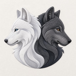 Puede incluir: Un parche bordado que muestra dos cabezas de lobo mirando en direcciones opuestas. El lobo izquierdo es blanco con un ojo azul brillante, mientras que el derecho es gris oscuro con un ojo marrón dorado. El diseño usa costuras detalladas.