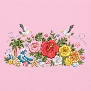 May include: Embroidered design featuring tropical flowers, seashells, and a palm tree on a pink background. Two birds fly above the floral arrangement. The design includes a red hibiscus, yellow and pink flowers, and a slice of orange.
