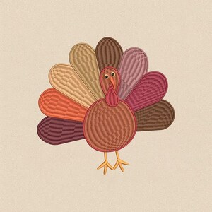 May include: Embroidered turkey design with a fan of colourful feathers in shades of orange, tan, brown, and burgundy. The turkey has a round body, a red wattle, and yellow feet. The background is a light beige colour.