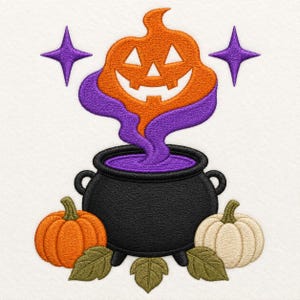 May include: An embroidery design featuring a black cauldron filled with purple liquid, from which an orange jack-o'-lantern face emerges in purple smoke. Two purple four-pointed stars flank the top, with an orange and a white pumpkin below.