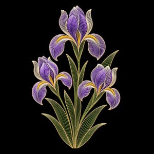 May include: A graphic illustration of three purple iris flowers with yellow accents and green leaves. The design features fine, light-coloured line work detailing the petals and foliage, set against a solid black background.