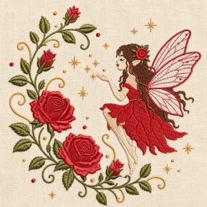 Könnte beinhalten: Gesticktes Design mit einer Fee in einem roten Kleid und passenden Flügeln, umgeben von einem Kranz aus roten Rosen und grünen Blättern. Goldakzente und Sterne vervollständigen die Szene.