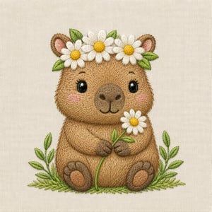 May include: An embroidery design of a brown wombat sitting upright. The wombat has a crown of white daisies with yellow centres on its head and holds a single white daisy in its paws. Green leaves surround the base and the flower crown.