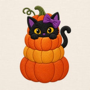 Schwarze Katze mit Kürbis – Stickmuster für Halloween, Schleife, Herbst, gruseliges Kätzchen – Maschinenstickerei, Geschenk