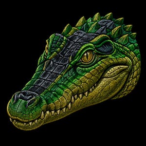 May include: An embroidered patch featuring the head of a crocodile in vibrant shades of green, black, and yellow. The design showcases detailed scales, sharp teeth, and a piercing yellow eye, all set against a solid black background.
