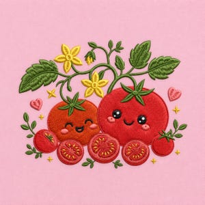 Può includere: Design ricamato con due pomodori rossi sorridenti con steli e foglie verdi, fiori gialli e pomodori a fette su sfondo rosa. Include cuori e stelle. Un design carino e stravagante.