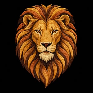 Puede incluir: Un parche bordado que muestra una cabeza de león detallada con una melena espesa y fluida en tonos amarillo dorado, naranja quemado y marrón oscuro. El león tiene ojos color ámbar, nariz oscura y costuras texturizadas sobre fondo negro.