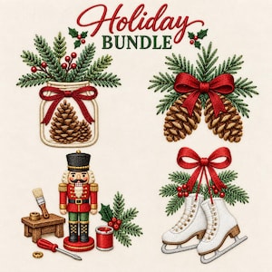 Puede incluir: Un conjunto de diseños de bordado titulado Holiday Bundle que incluye un frasco con piñas y vegetación, dos piñas con un lazo rojo, un cascanueces con un taburete de madera, un pincel, un bote de pintura y patines blancos con un lazo rojo.