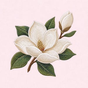 May include: Embroidered image of a white magnolia flower with a yellow centre and a bud, set against a soft pink background. The flower is surrounded by green leaves and brown stems, creating a detailed floral design.
