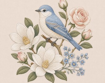 May include: An embroidery design featuring a blue and white bird perched on a brown branch, surrounded by white magnolia flowers, a pale pink rose with buds, and small light blue forget-me-not flowers with green leaves on a beige background.