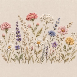 Peut inclure: Broderie florale avec une variété de fleurs colorées, dont des fleurs roses, violettes, jaunes et blanches. Les fleurs sont posées sur un fond neutre, créant une œuvre botanique délicate et détaillée.