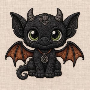 May include: An embroidered patch featuring a small black dragon with large green eyes, two horns, and orange-tinted wings. The dragon is sitting and wearing a brown cord necklace with a circular pendant featuring a silver-colored Celtic knot design.