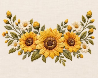 Könnte beinhalten: Ein Stickdesign mit drei großen gelben Sonnenblumen mit braunen Mitten, umgeben von kleineren weißen Gänseblümchen, gelben Blütenknospen und detaillierten grünen Blättern. Das Blumenarrangement ist auf einem hellbeigen Stoffhintergrund angeordnet.