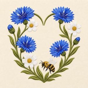 May include: An embroidery design featuring a heart-shaped wreath of blue cornflowers, white daisies, and green leaves. A small honeybee with black and yellow stripes and translucent wings is positioned at the bottom center of the floral arrangement.