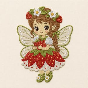 Ricamo a macchina con motivo fata fragola, giardino di folletti floreali, maglietta, felpa, regalo, modello primaverile