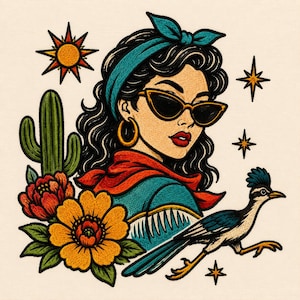 May include: An embroidered patch featuring a person with dark hair, a teal headband, and cat-eye sunglasses. The design includes a red scarf, a green cactus, orange and red flowers, a yellow sun, stars, and a roadrunner bird in profile.
