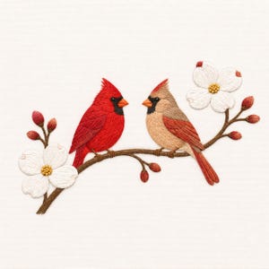 May include: An embroidery design featuring a bright red cardinal and a tan cardinal perched on a brown branch. The branch is decorated with white dogwood flowers with yellow centres and small red buds, all rendered in detailed thread stitching.