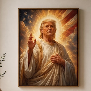 May include: Framed portrait of a man in white robes, with a golden halo and the American flag in the background. The man is depicted with his hand raised, and the artwork has a religious theme.